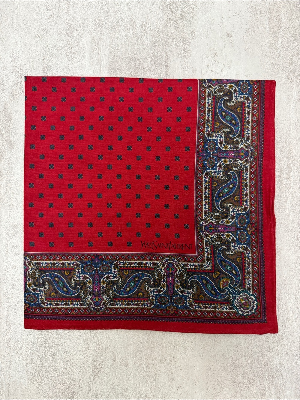 Yves Saint Laurent Red Paisley Border cotton Pocket Square